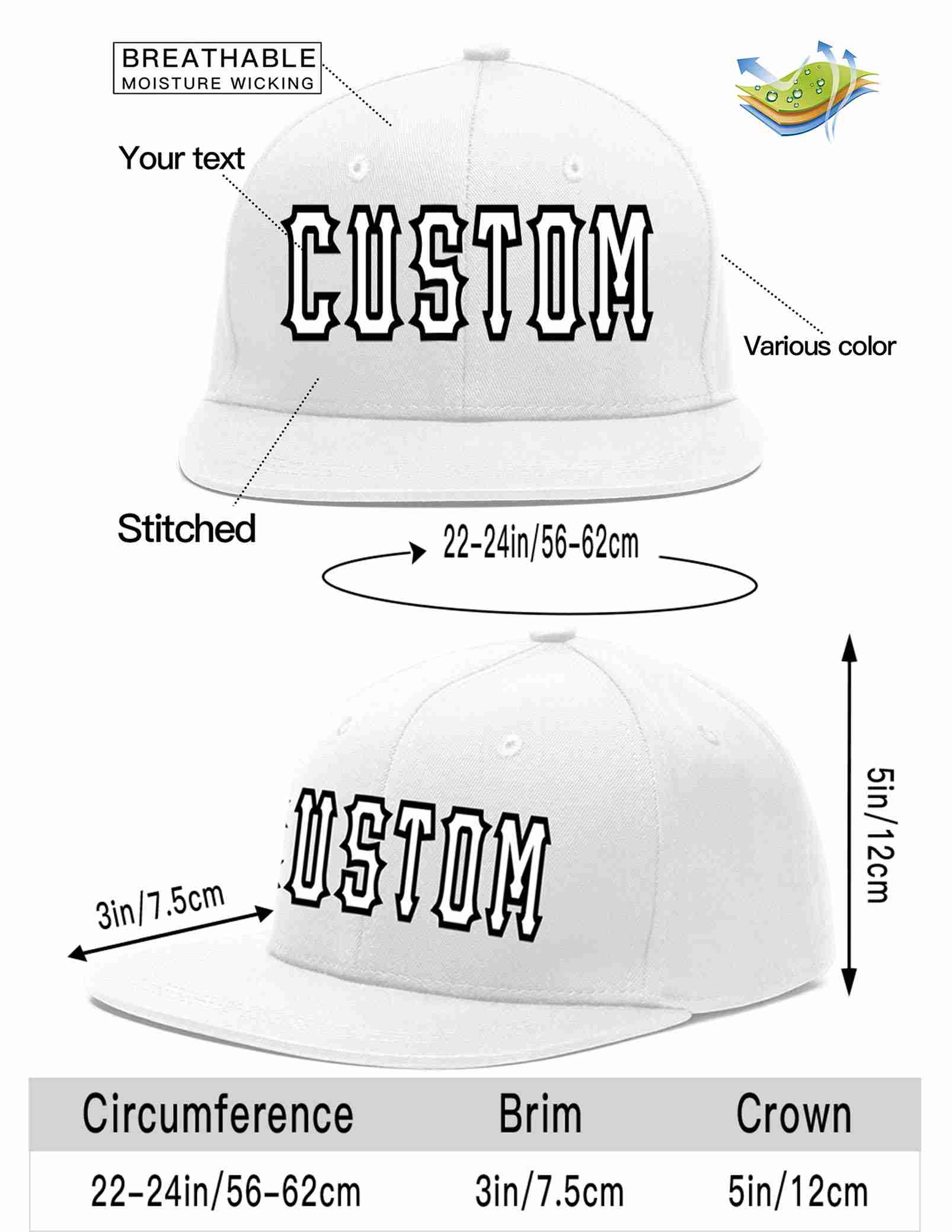 Custom White White-Black Casual Sport Baseball Cap