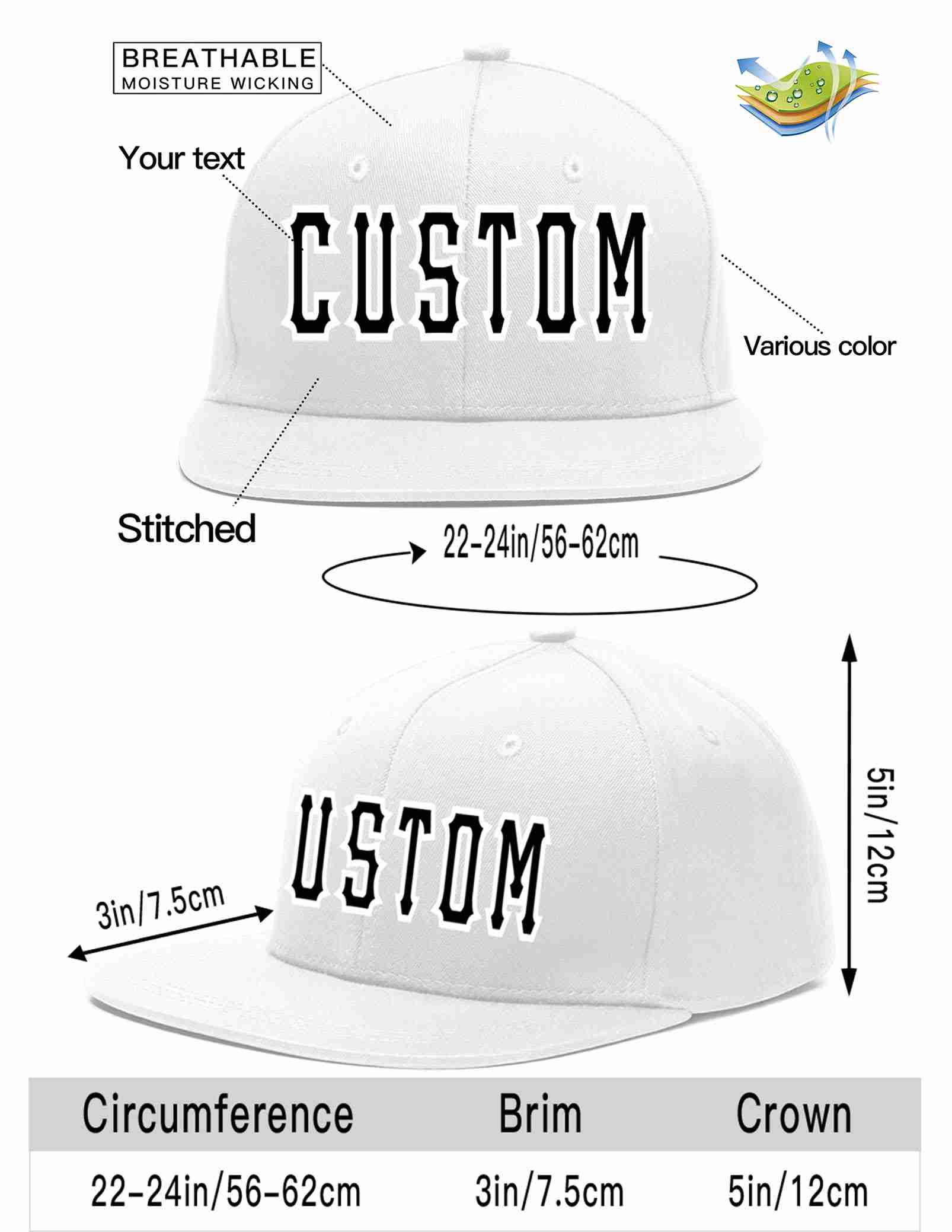 Custom White Black-White Casual Sport Baseball Cap