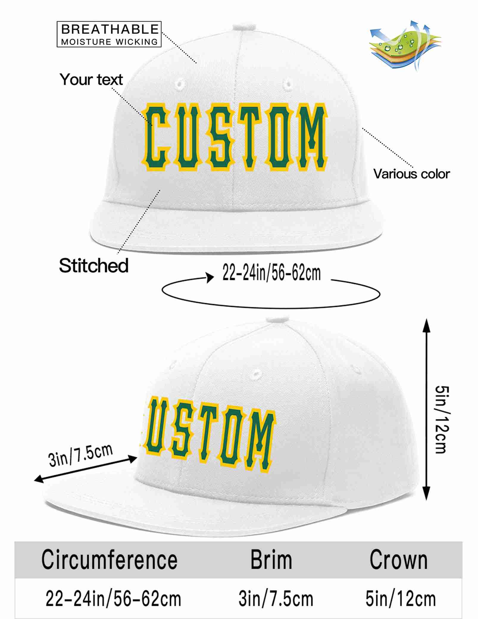 Custom White Kelly Green-Gold Casual Sport Baseball Cap