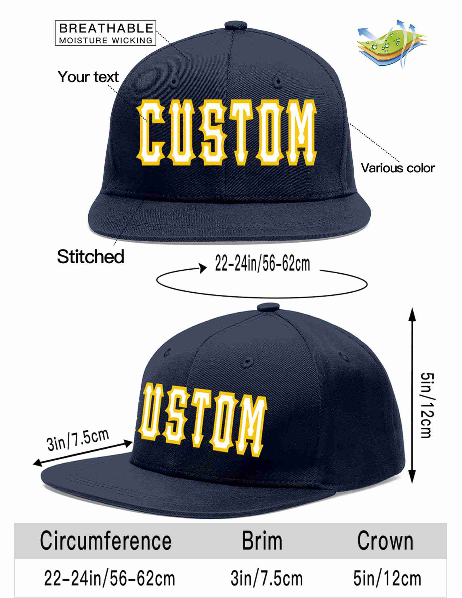 Custom Navy White-Gold Casual Sport Baseball Cap