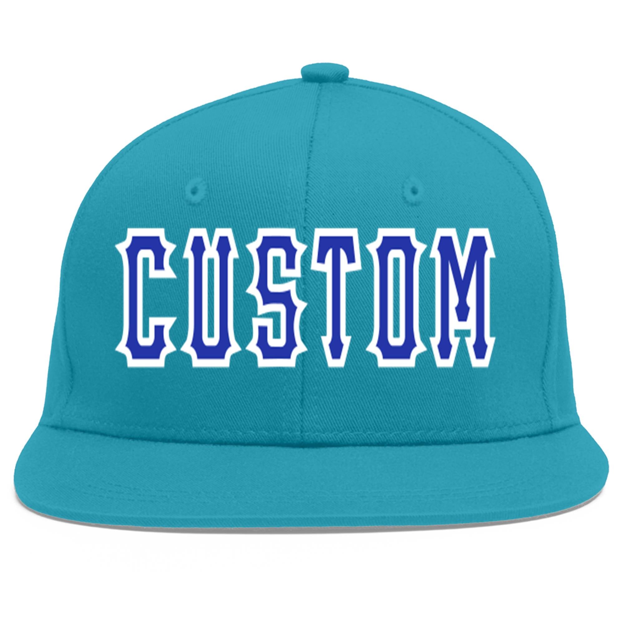 Custom Aqua Royal-White Flat Eaves Sport Baseball Cap