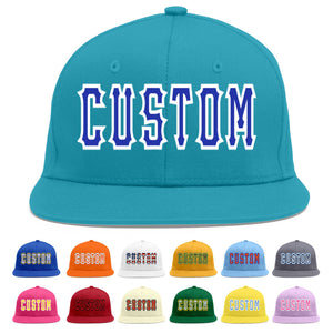 Custom Aqua Royal-White Flat Eaves Sport Baseball Cap