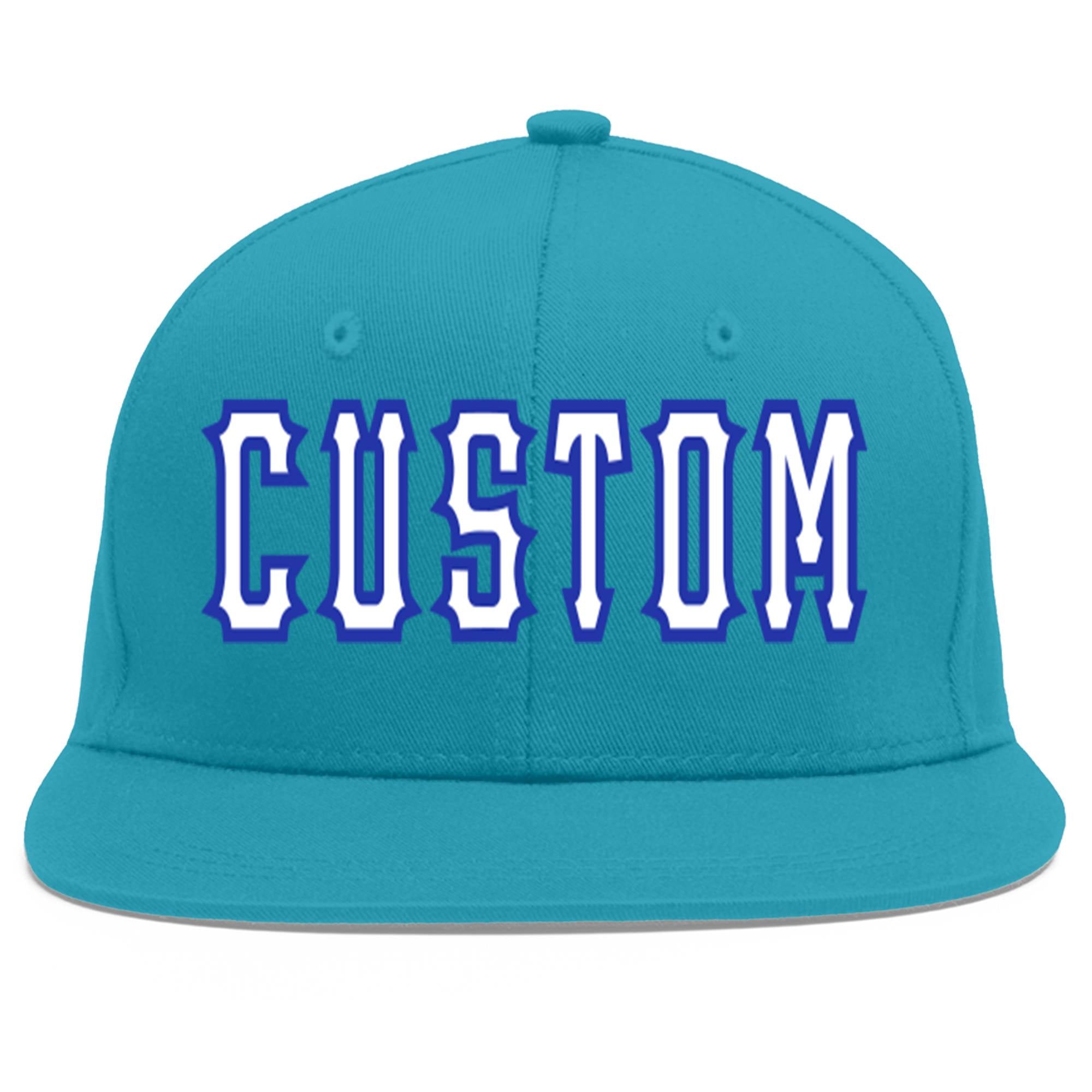 Custom Aqua White-Royal Flat Eaves Sport Baseball Cap