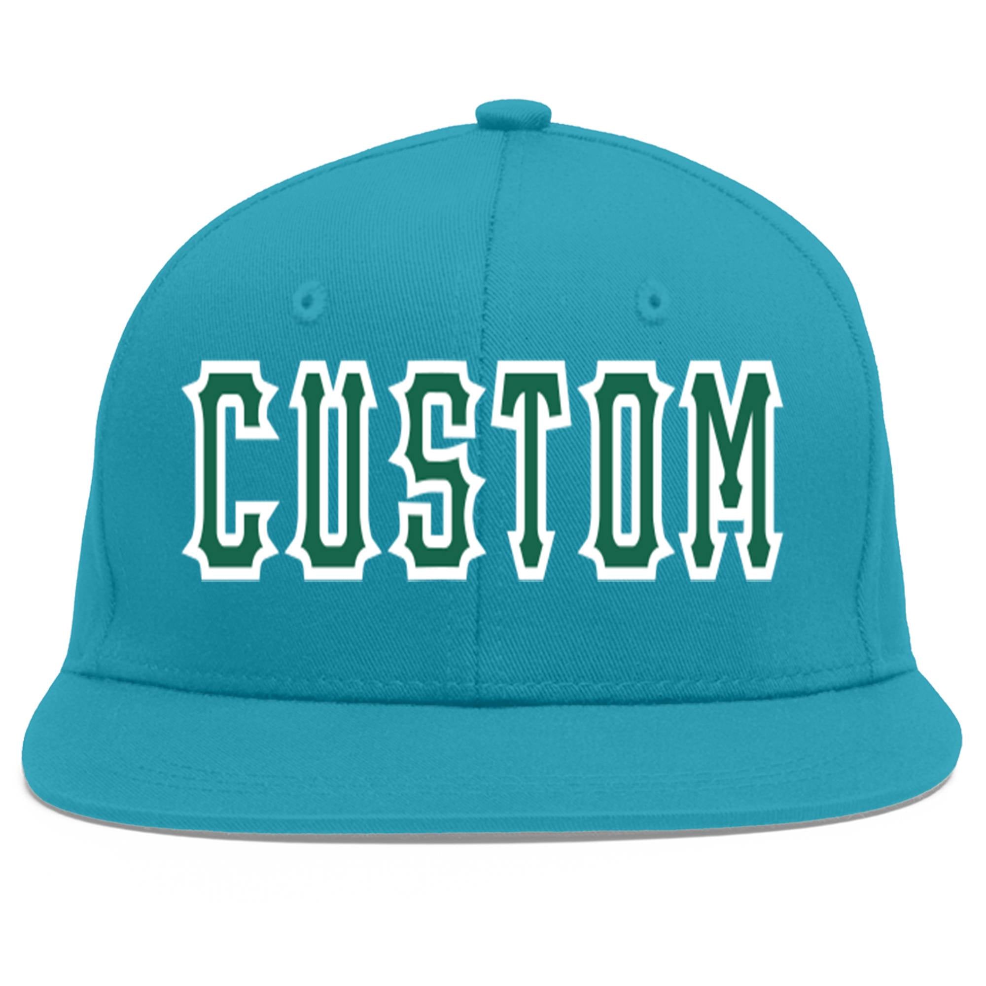 Custom Aqua Kelly Green-White Flat Eaves Sport Baseball Cap