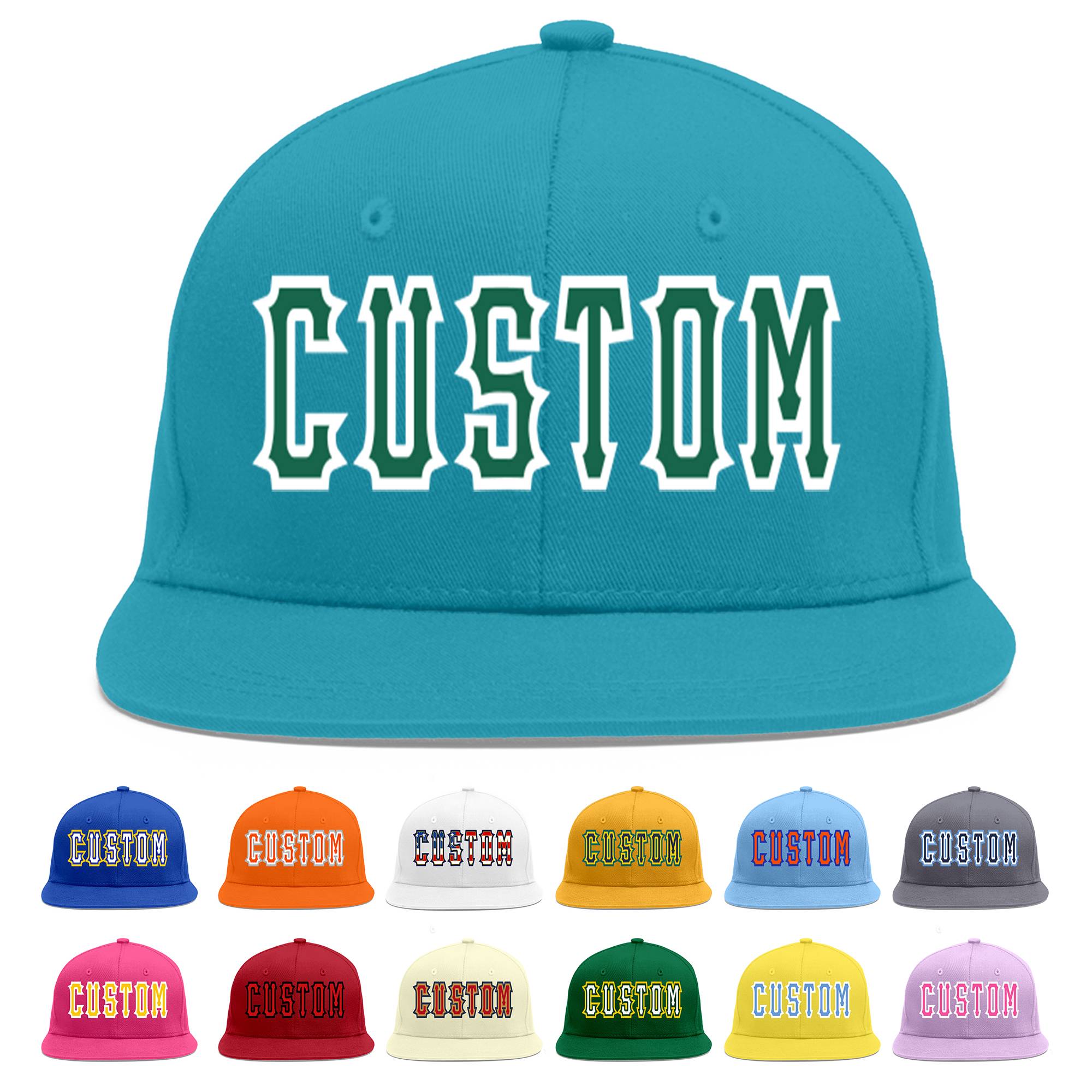 Custom Aqua Kelly Green-White Flat Eaves Sport Baseball Cap