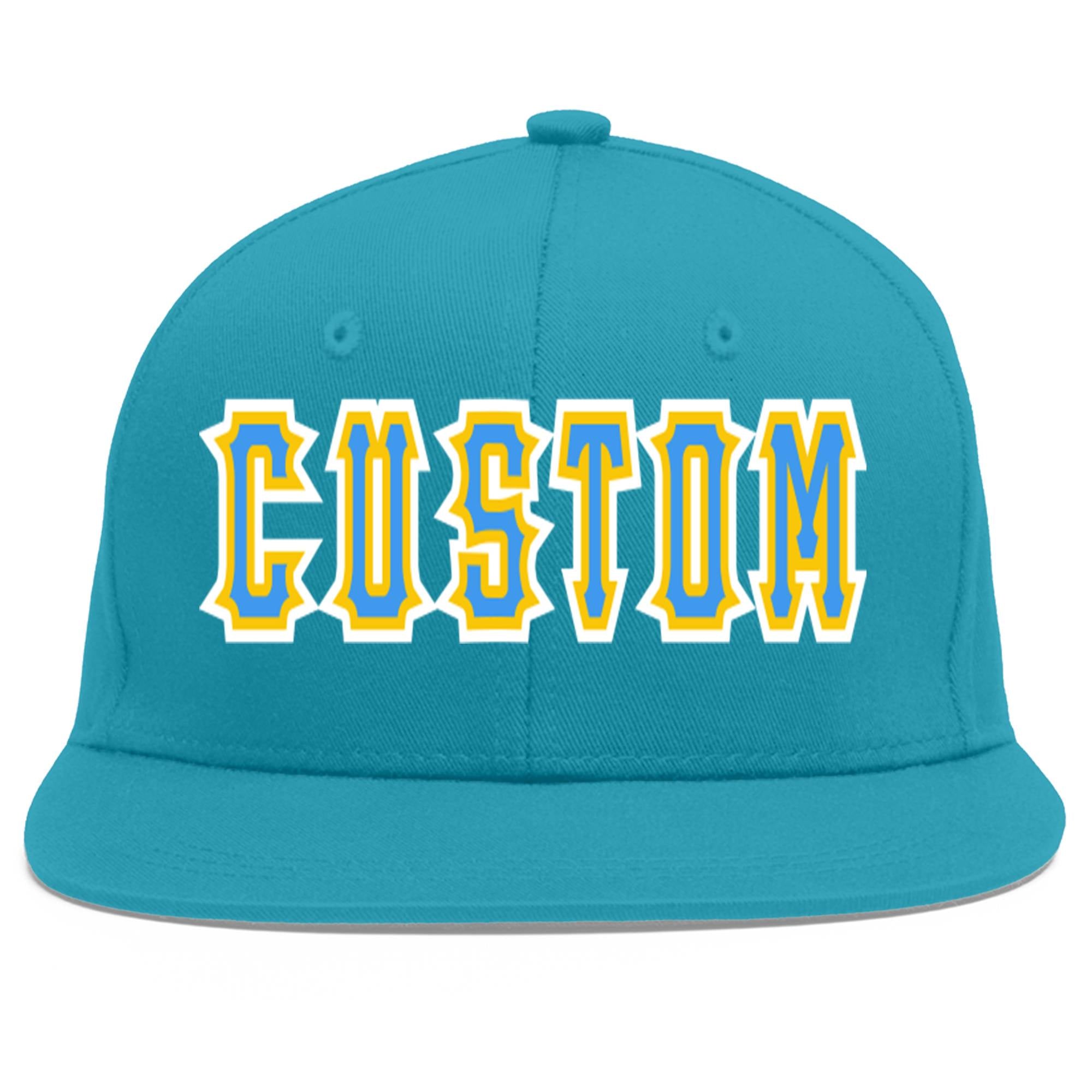 Custom Aqua Powder Blue-Gold Flat Eaves Sport Baseball Cap