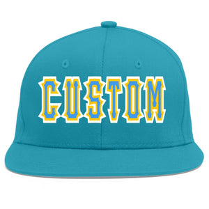 Custom Aqua Powder Blue-Gold Flat Eaves Sport Baseball Cap