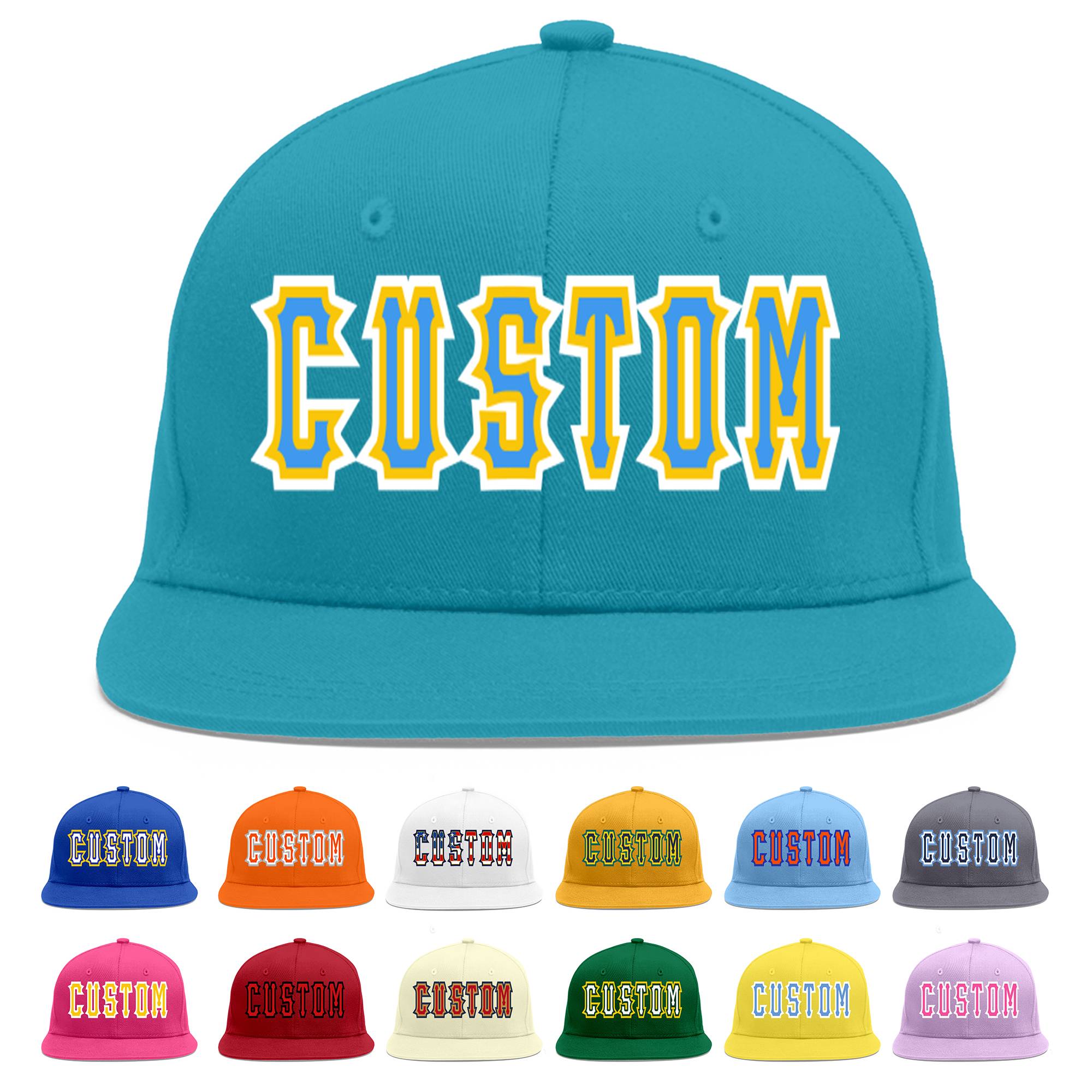 Custom Aqua Powder Blue-Gold Flat Eaves Sport Baseball Cap