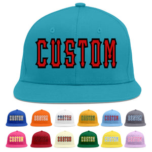 Custom Aqua Red-Black Flat Eaves Sport Baseball Cap