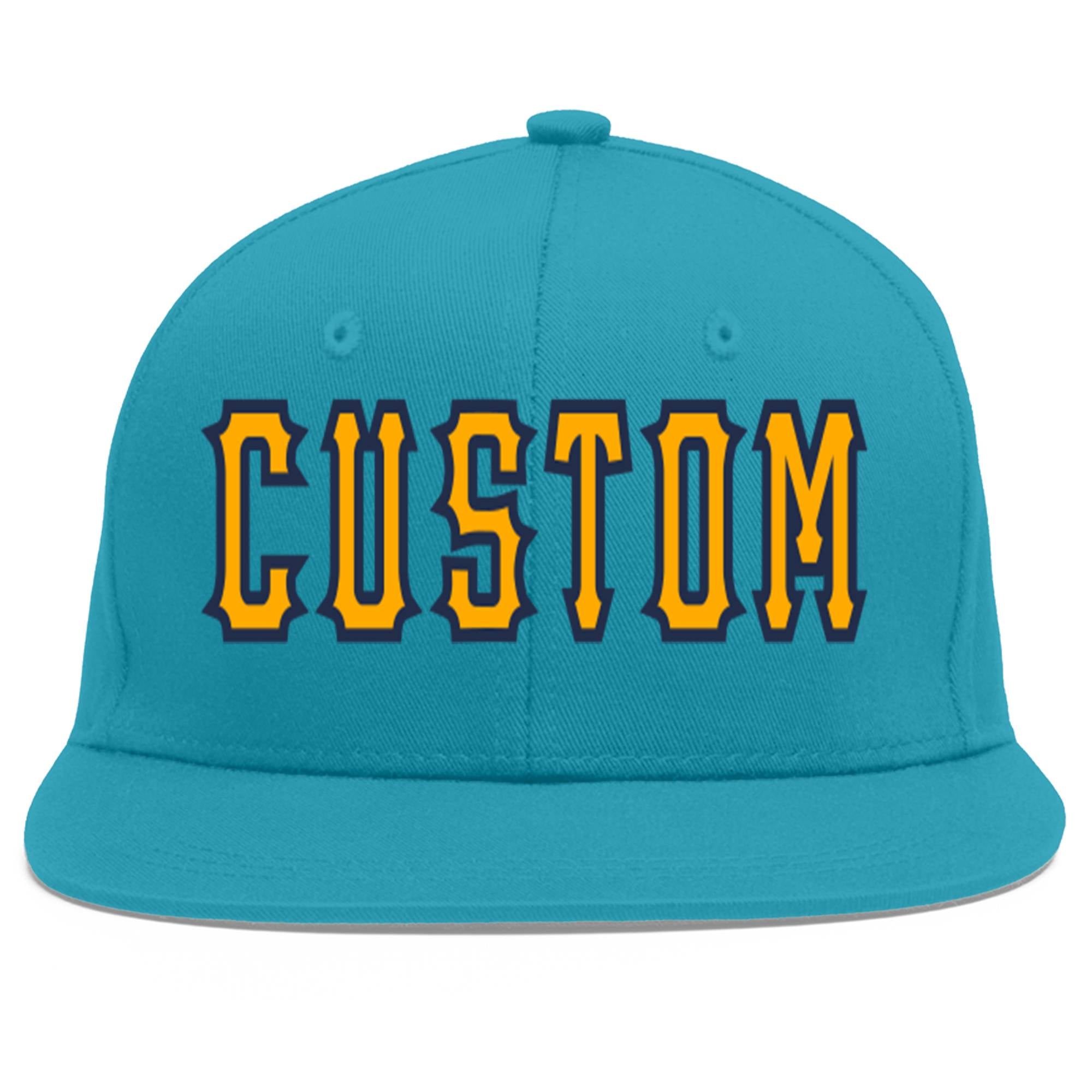 Custom Aqua Yellow-Navy Flat Eaves Sport Baseball Cap