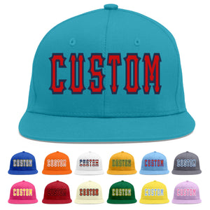 Custom Aqua Red-Navy Flat Eaves Sport Baseball Cap