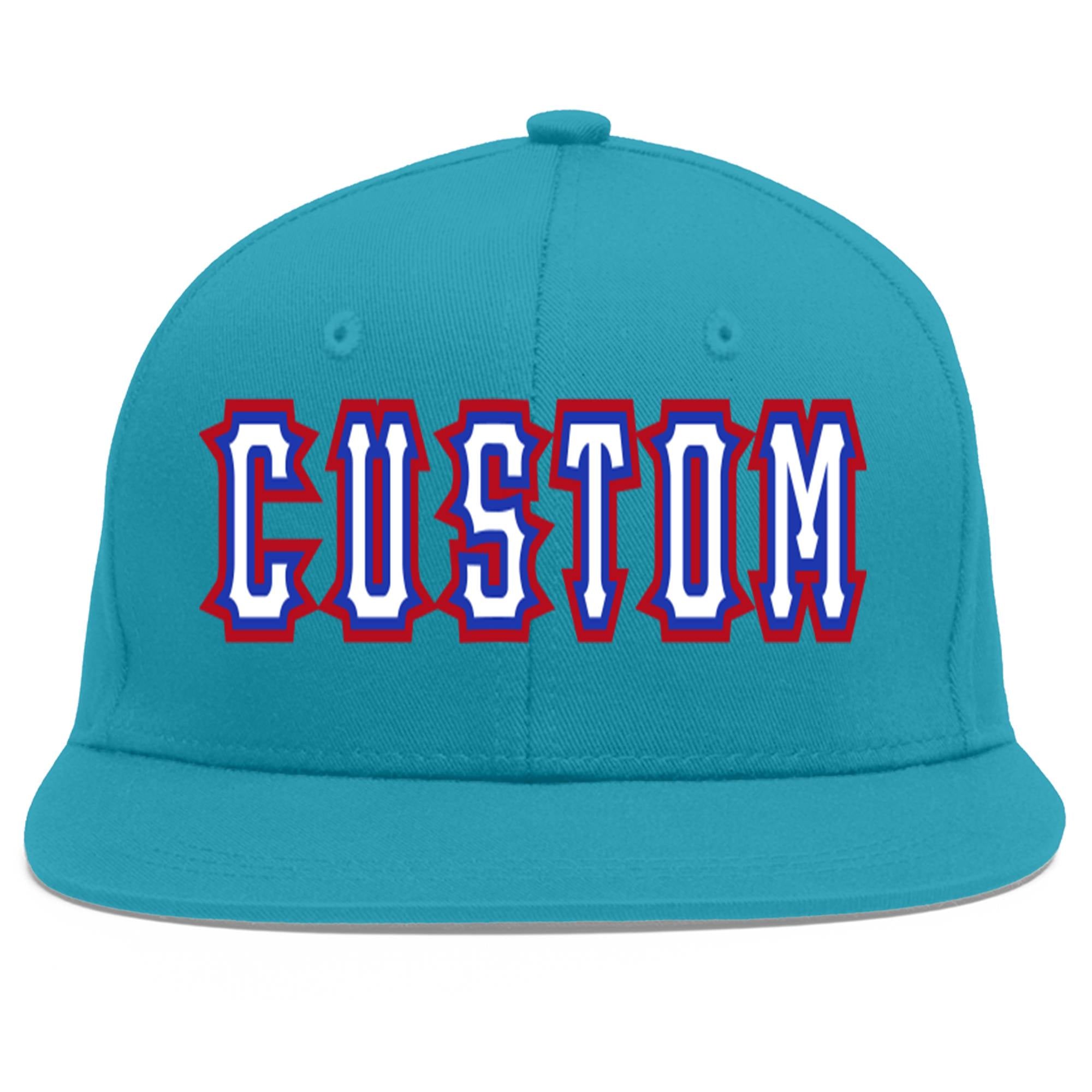 Custom Aqua White-Royal Flat Eaves Sport Baseball Cap