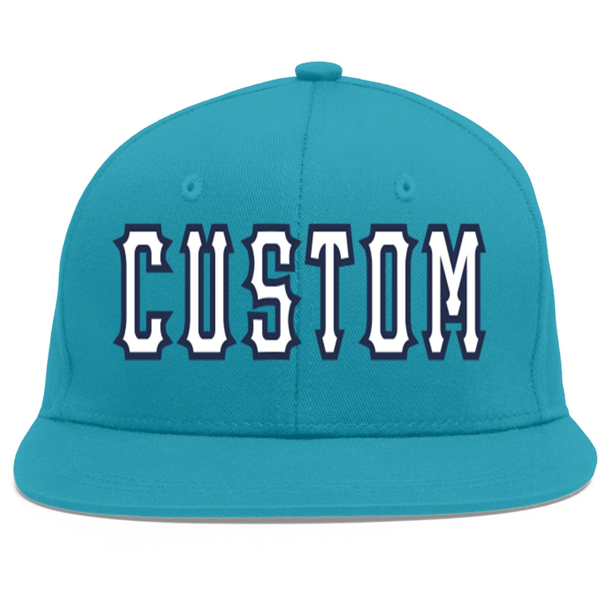 Custom Aqua White-Navy Flat Eaves Sport Baseball Cap