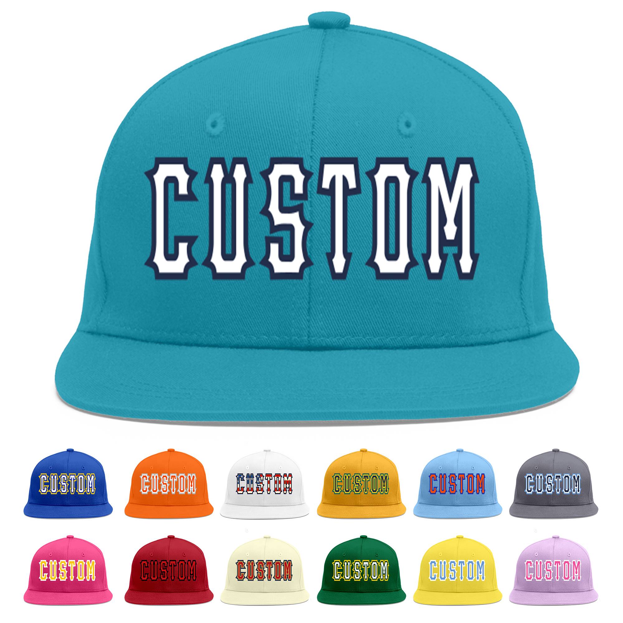 Custom Aqua White-Navy Flat Eaves Sport Baseball Cap