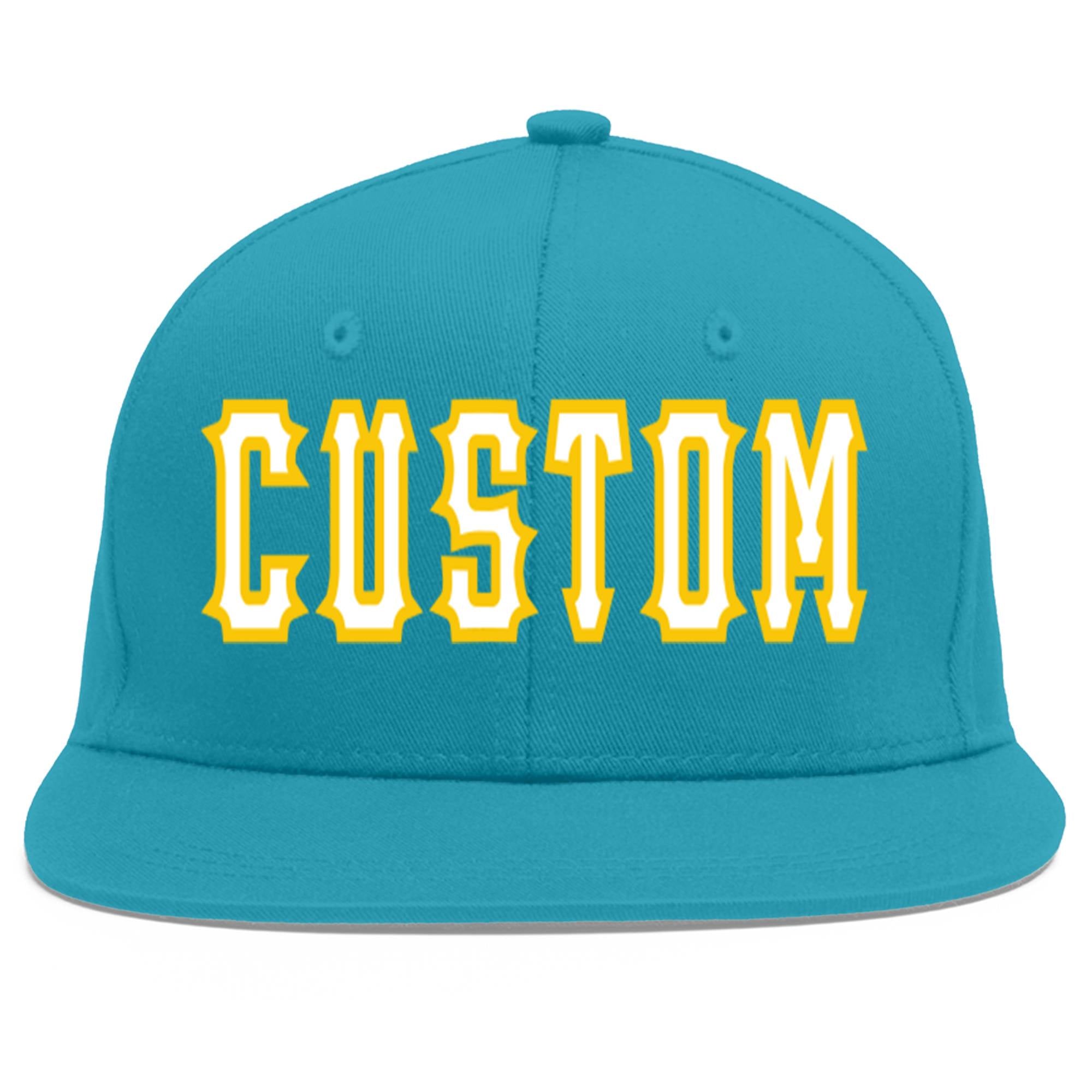 Custom Aqua White-Gold Flat Eaves Sport Baseball Cap