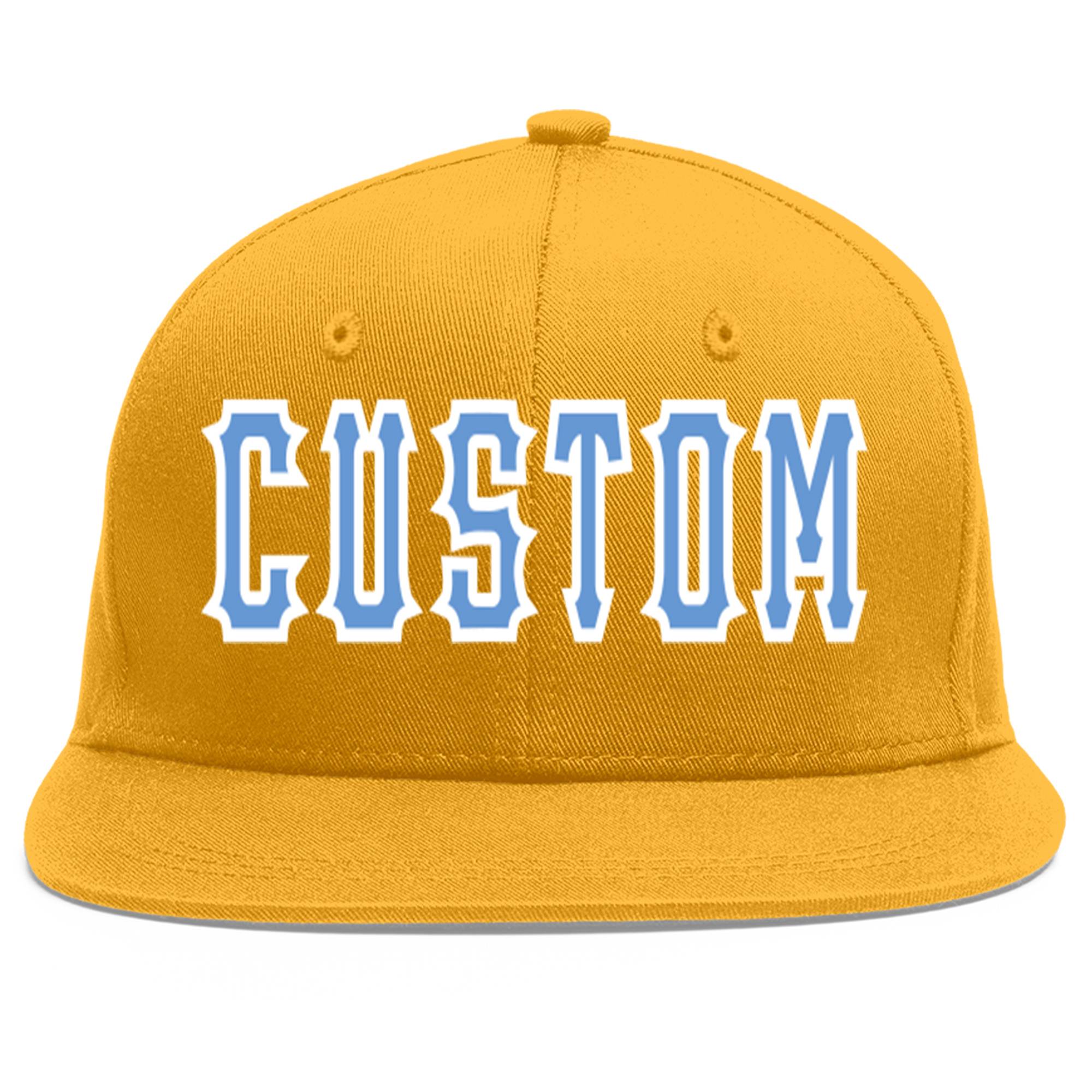 Custom Gold Light Blue-White Flat Eaves Sport Baseball Cap