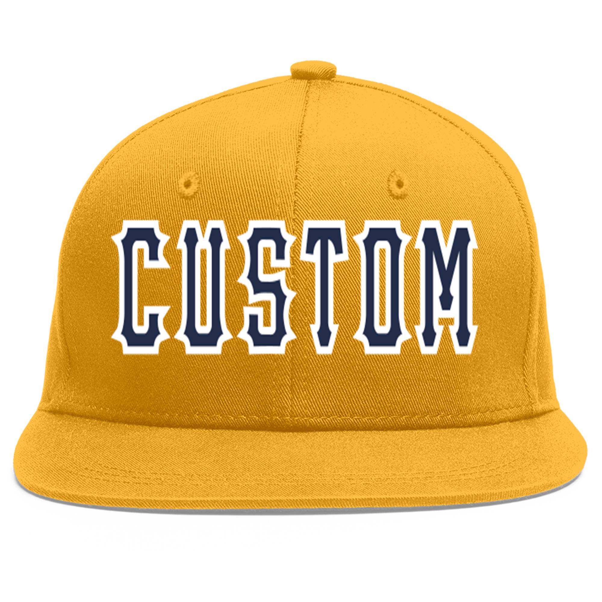 Custom Gold Navy-White Flat Eaves Sport Baseball Cap