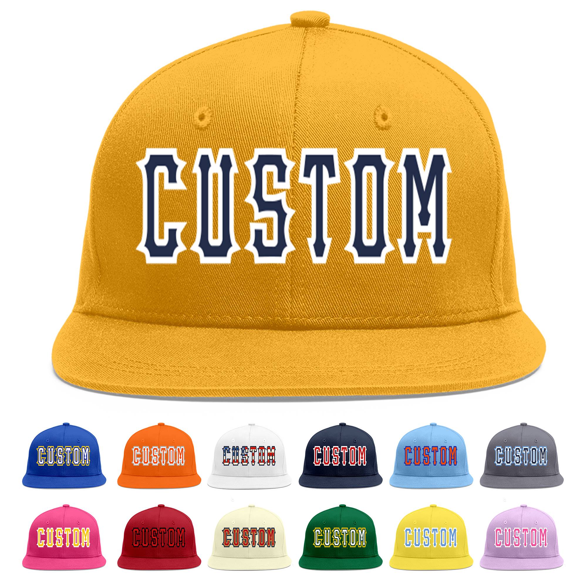 Custom Gold Navy-White Flat Eaves Sport Baseball Cap