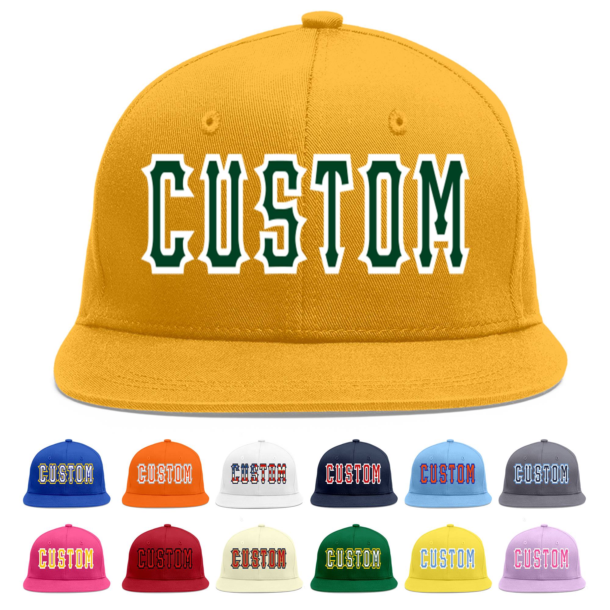 Custom Gold Green-White Flat Eaves Sport Baseball Cap