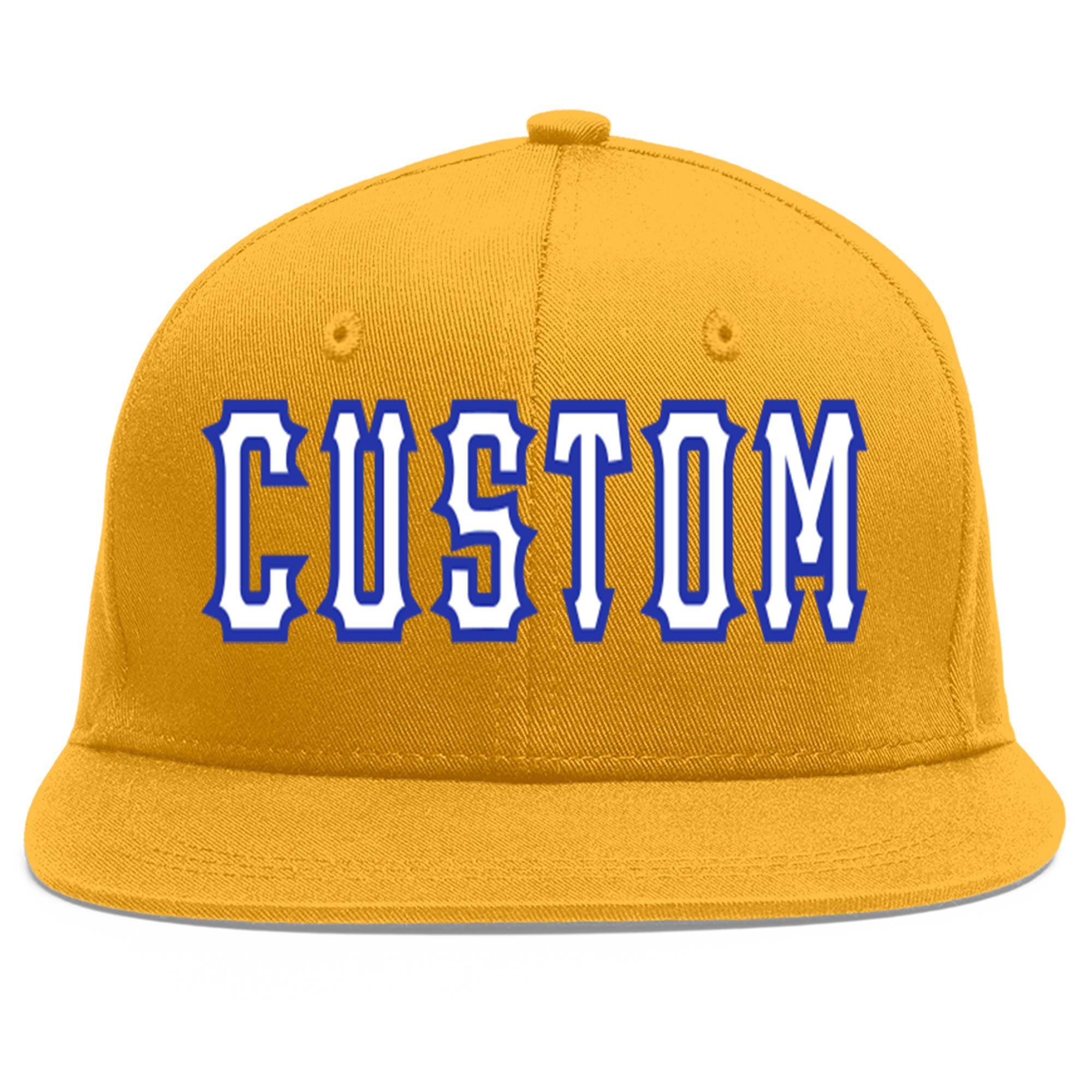 Custom Gold White-Royal Flat Eaves Sport Baseball Cap