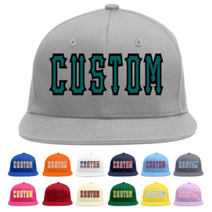 Custom Gray Aqua-Black Flat Eaves Sport Baseball Cap