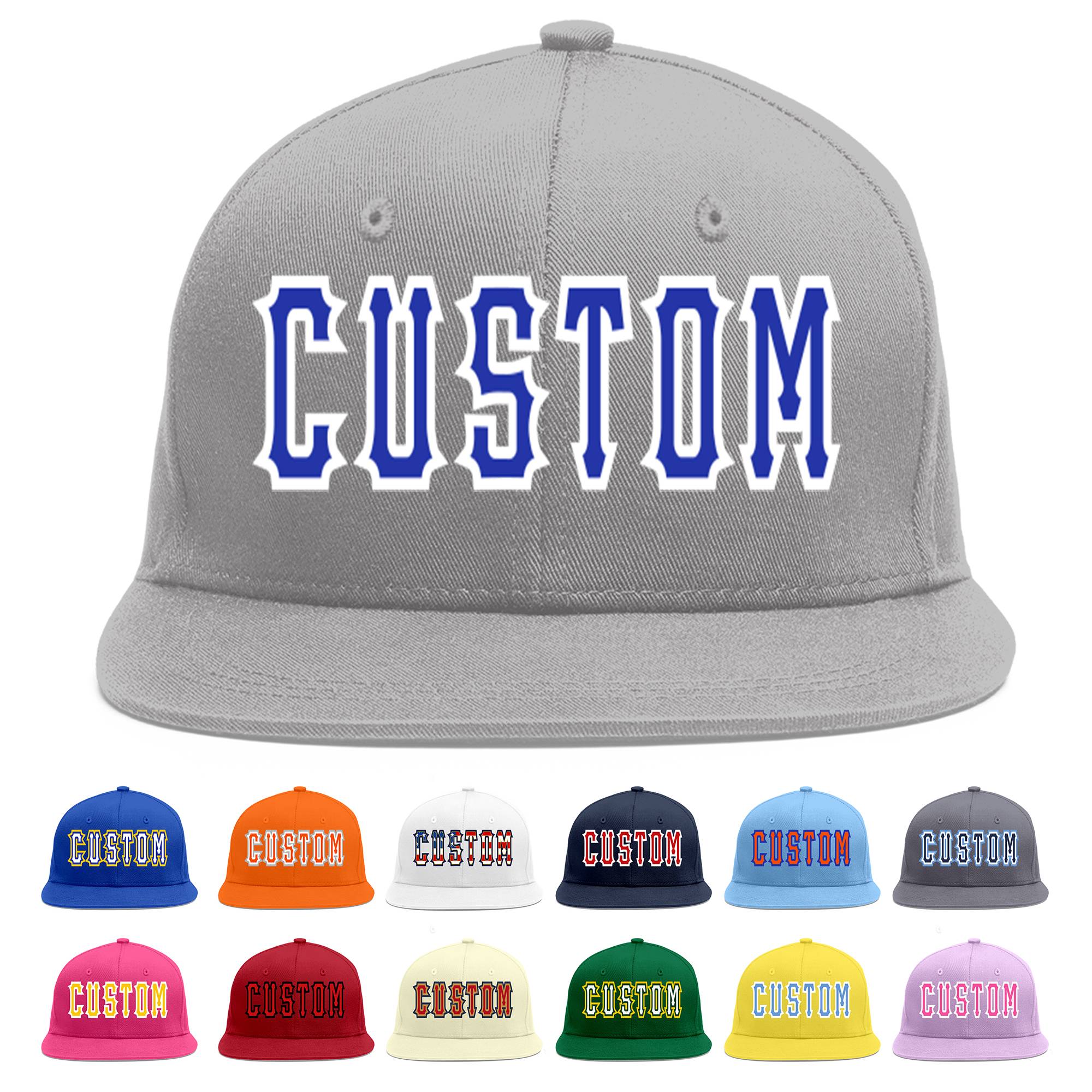 Custom Gray Royal-White Flat Eaves Sport Baseball Cap