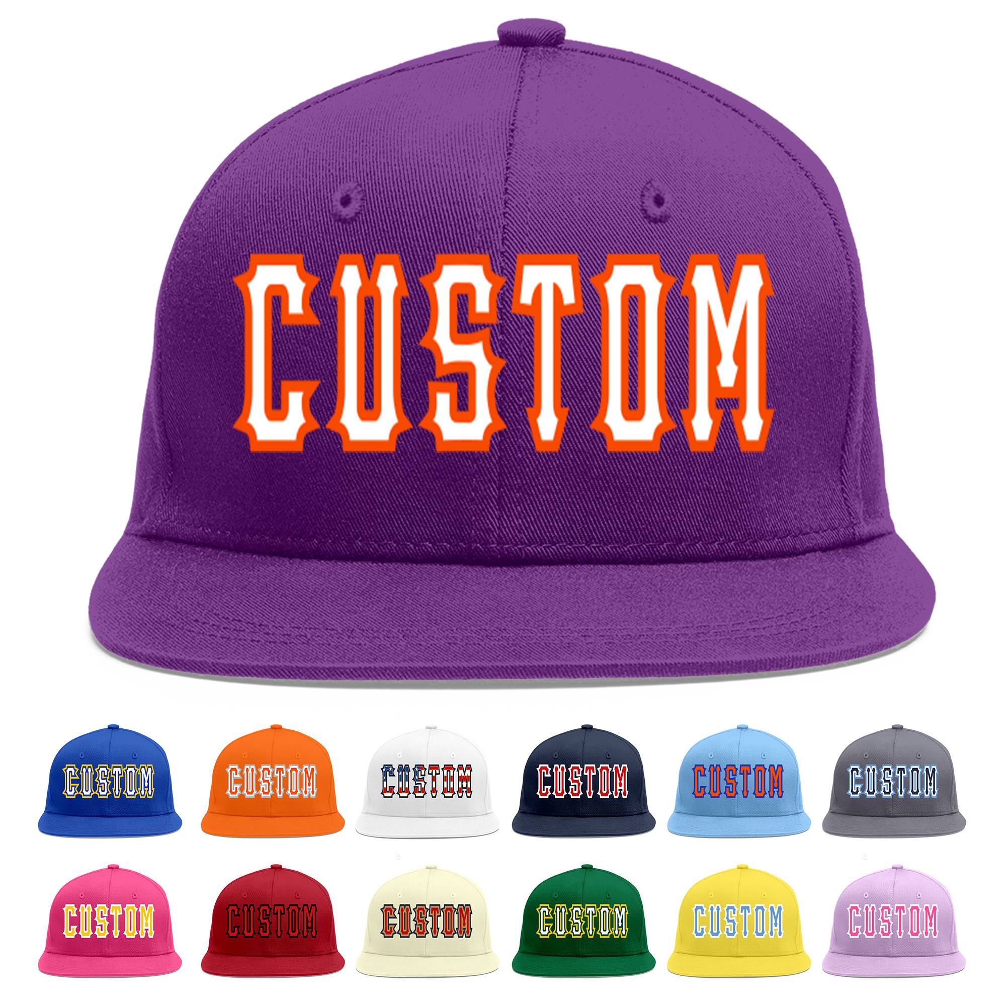 Casquette de baseball sport personnalisée violet blanc-orange à avant-toit plat