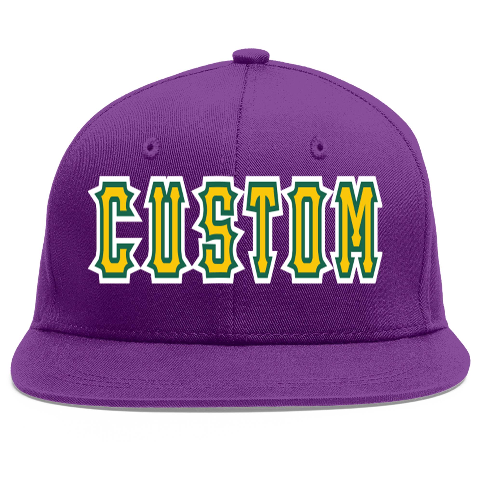 Casquette de baseball sport personnalisée violet or-Kelly vert plat avant-toit