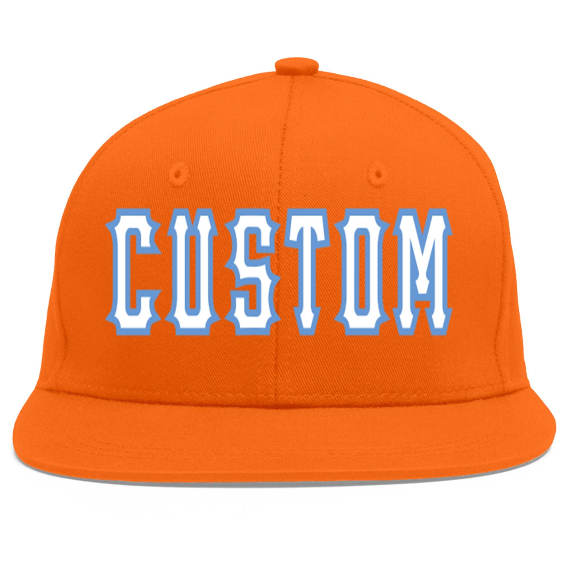 Custom Orange White-Light Blue Flat Eaves Sport Baseball Cap