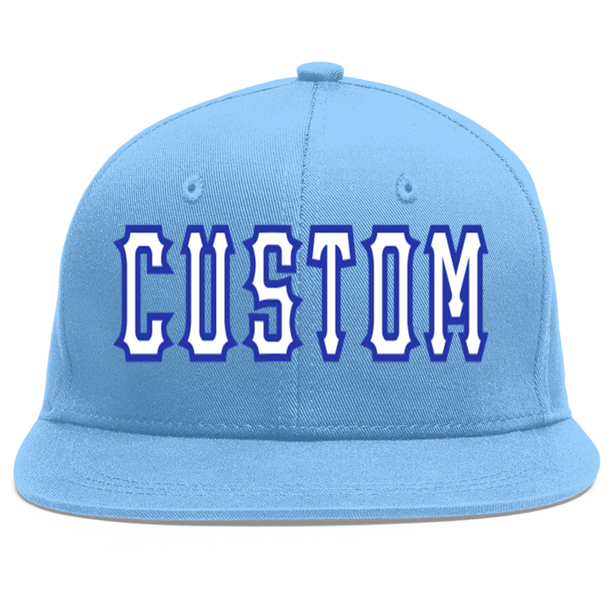 Custom Light Blue White-Royal Flat Eaves Sport Baseball Cap