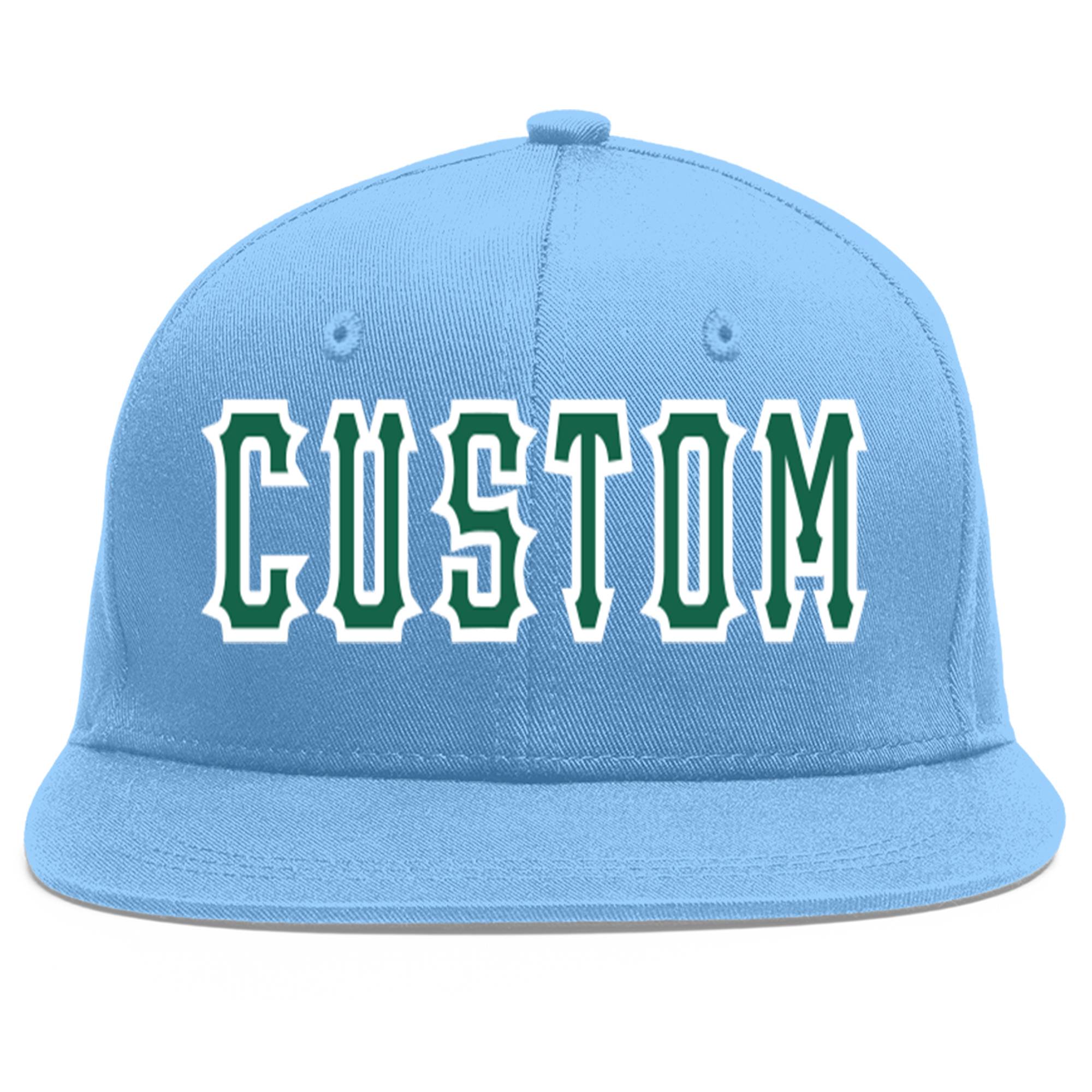 Casquette de baseball sport personnalisée bleu clair Kelly vert-blanc Flat Eaves