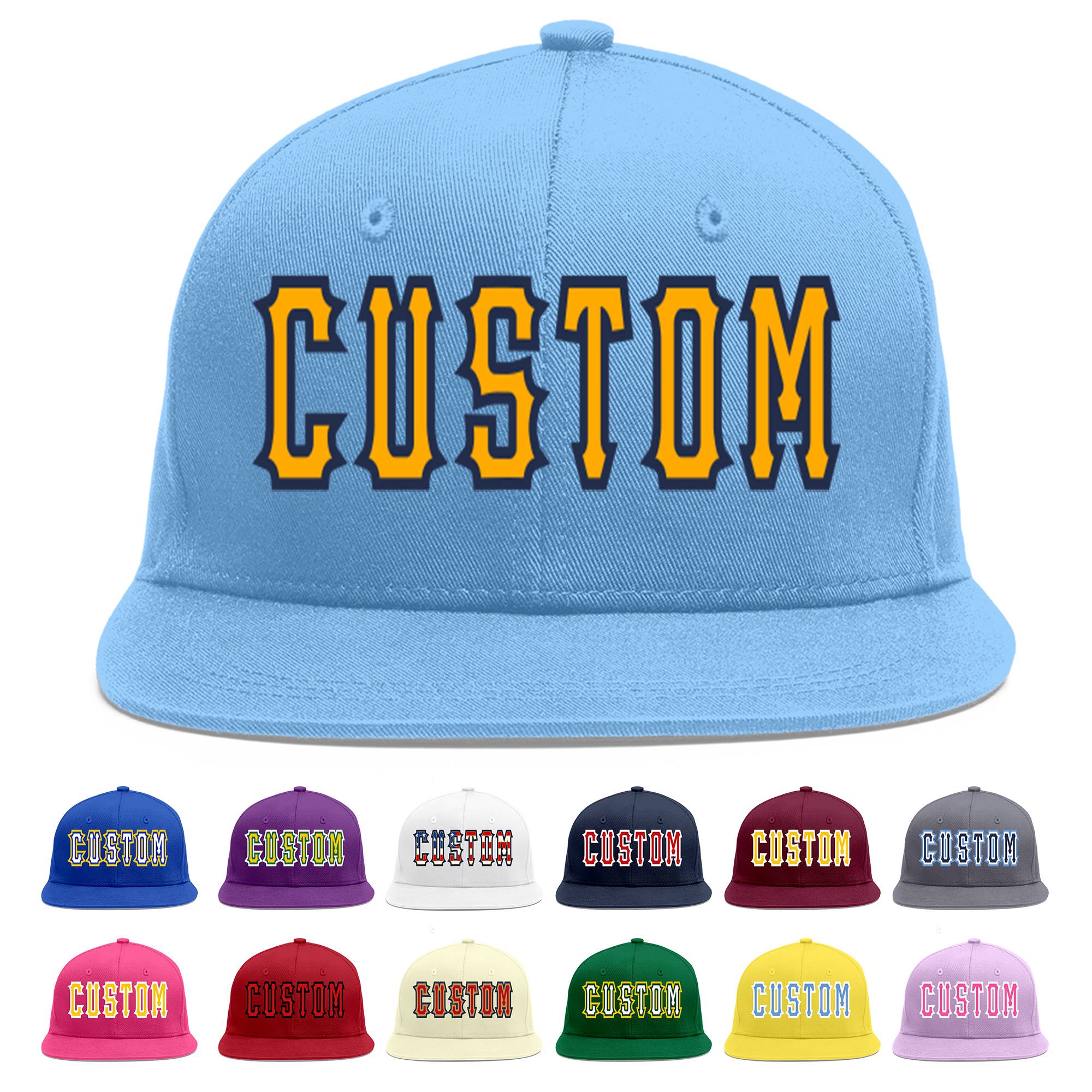 Custom Light Blue Yellow-Navy Flat Eaves Sport Baseball Cap