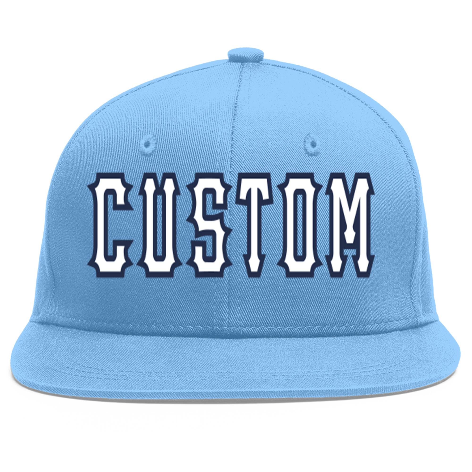 Custom Light Blue White-Navy Flat Eaves Sport Baseball Cap