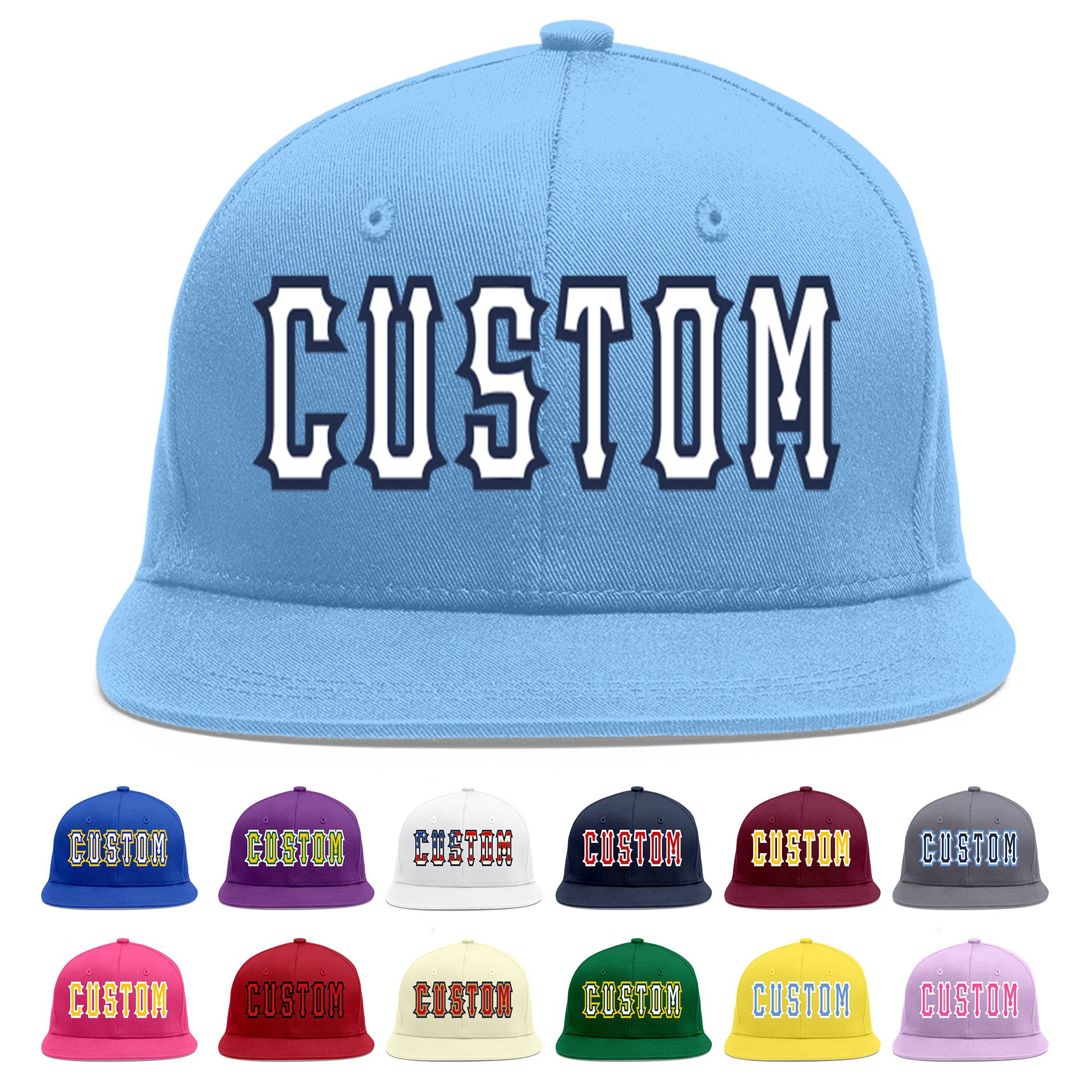 Custom Light Blue White-Navy Flat Eaves Sport Baseball Cap