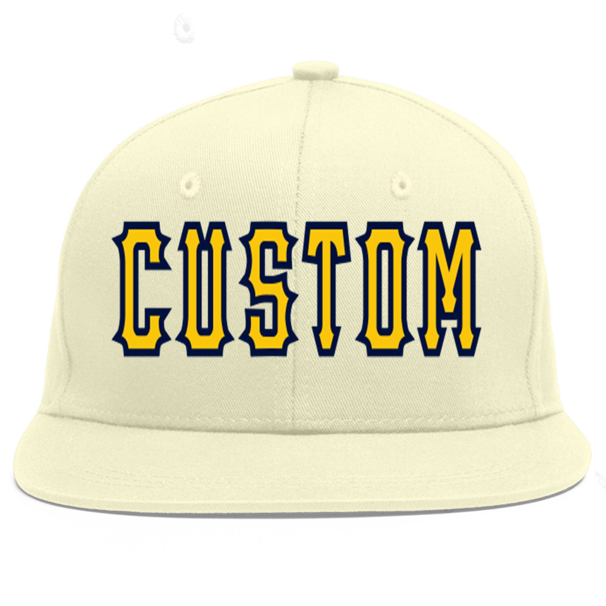 Custom Cream Gold-Navy Flat Eaves Sport Baseball Cap