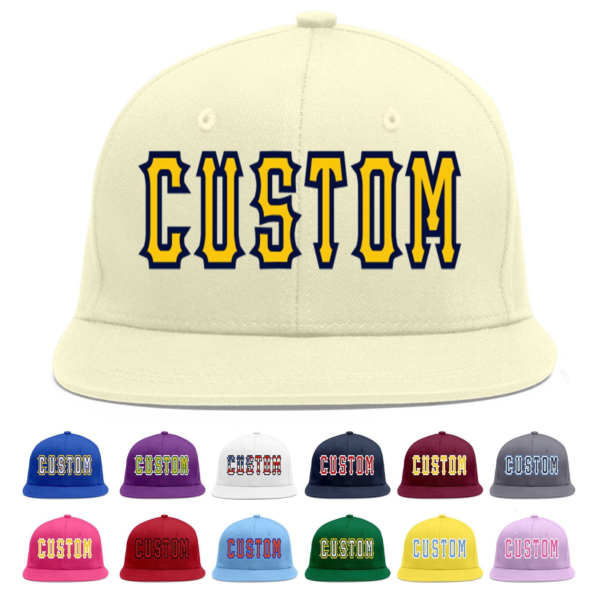 Custom Cream Gold-Navy Flat Eaves Sport Baseball Cap