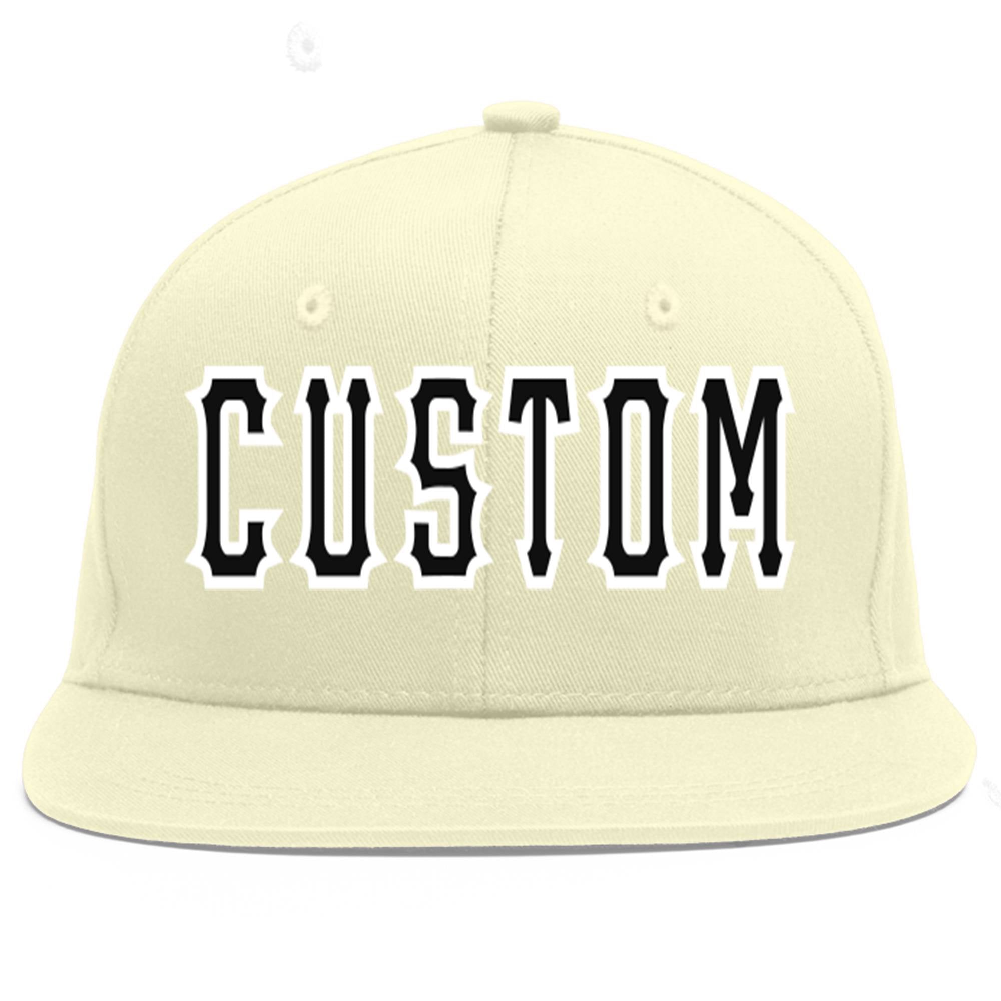 Custom Cream Black-White Flat Eaves Sport Baseball Cap