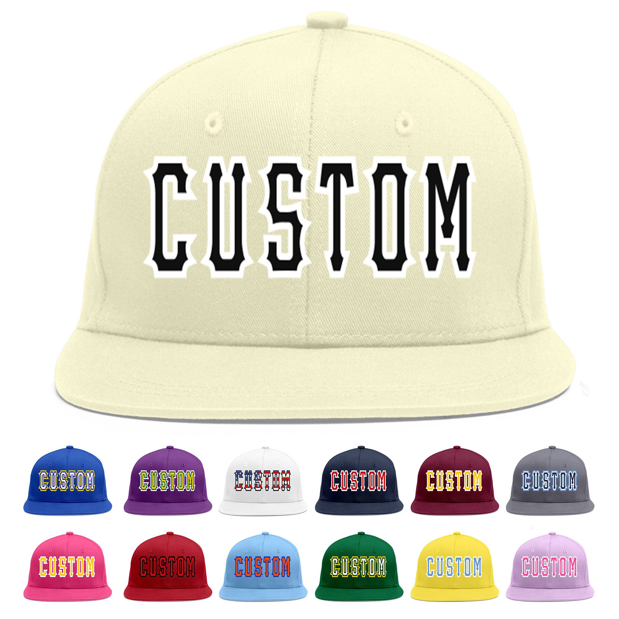 Custom Cream Black-White Flat Eaves Sport Baseball Cap