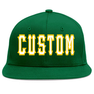 Custom Green White-Gold Flat Eaves Sport Baseball Cap