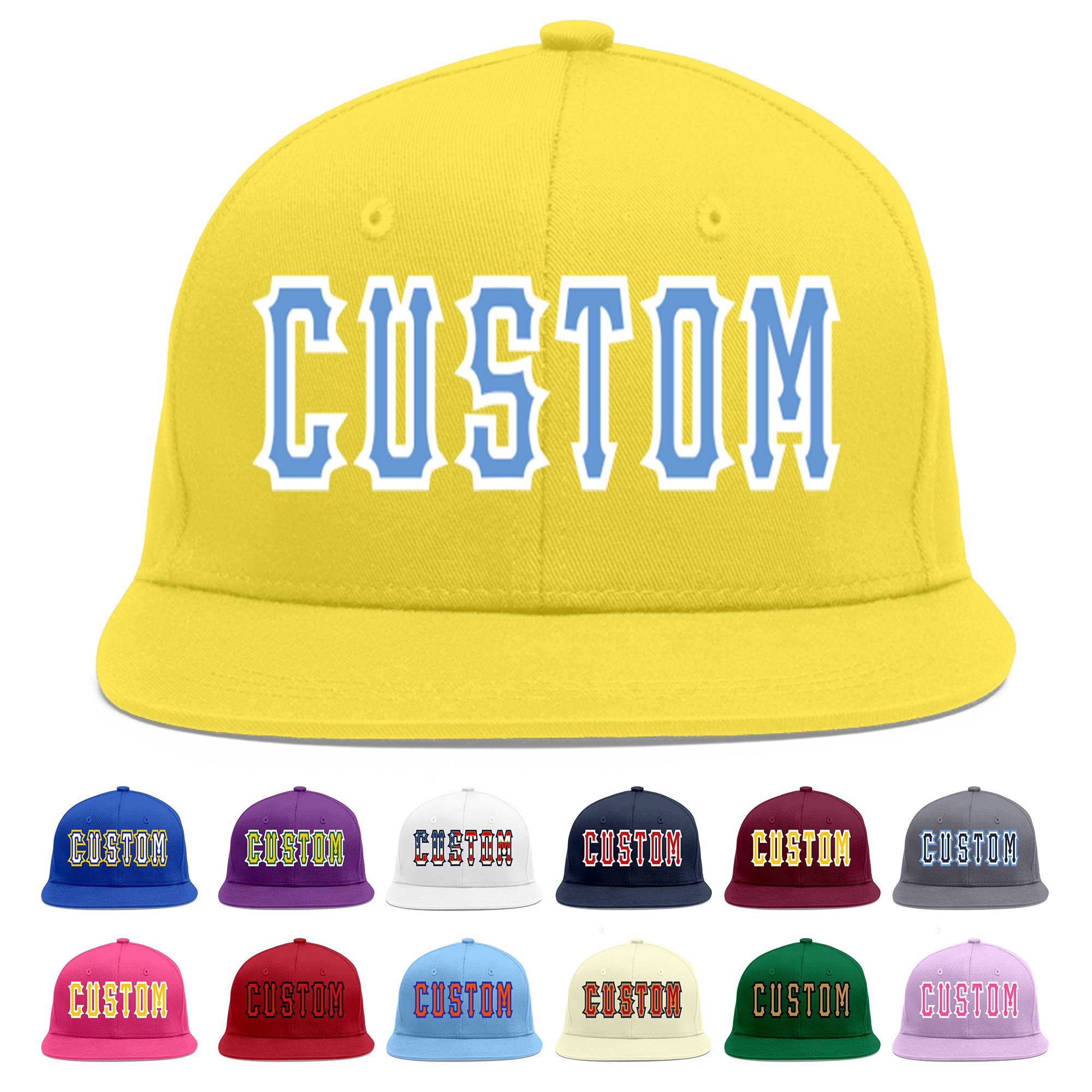 Custom Light Gold Light Blue-White Flat Eaves Sport Baseball Cap