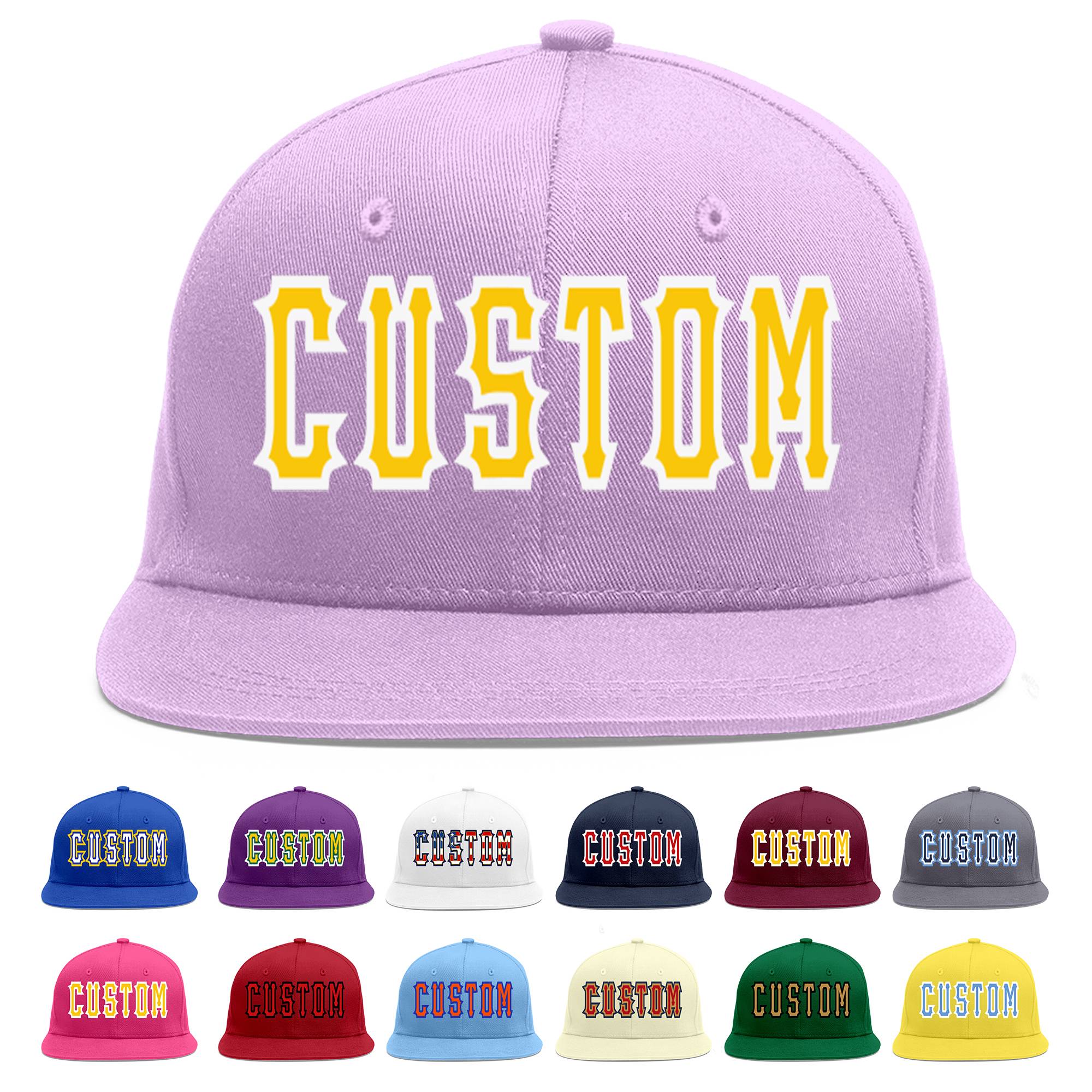 Custom Light Purple Gold-White Flat Eaves Sport Baseball Cap