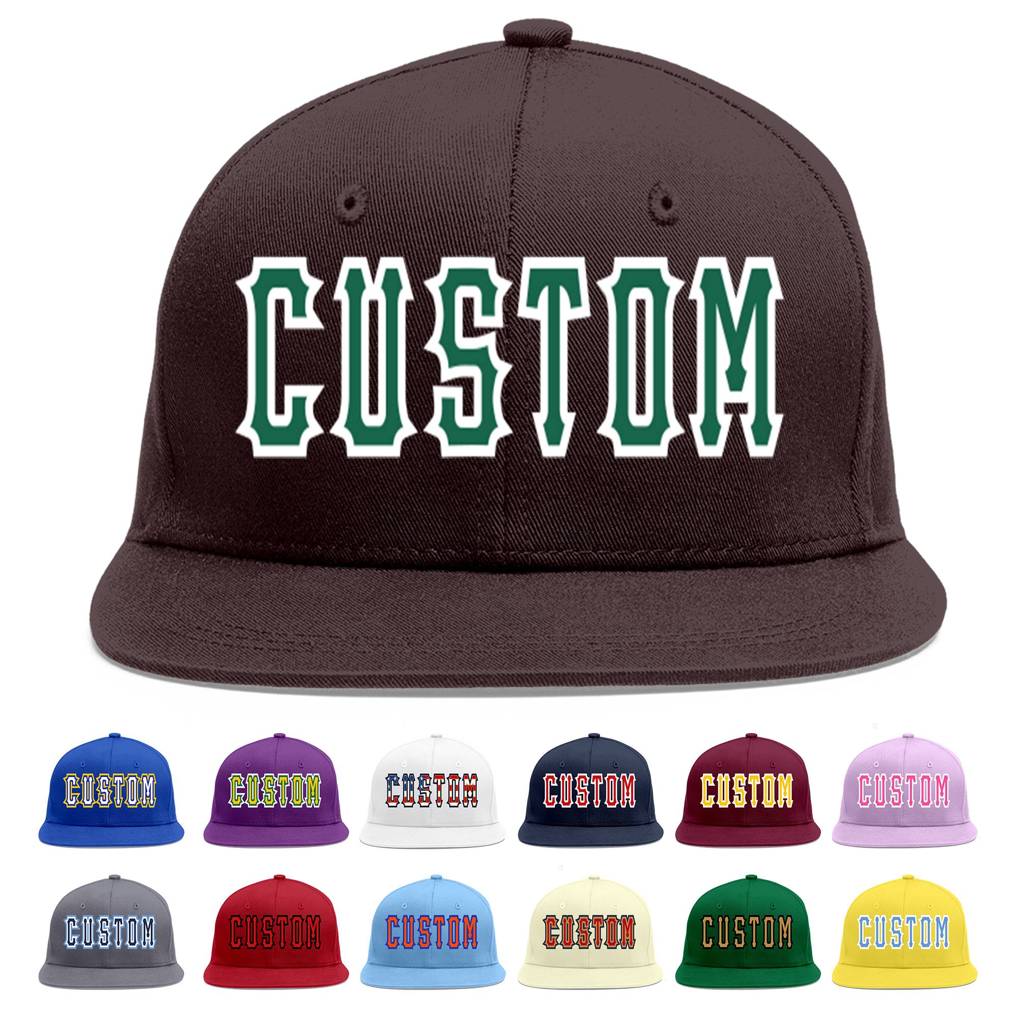 Custom Brown Kelly Green-White Flat Eaves Sport Baseball Cap