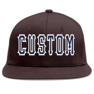 Custom Brown Navy-White Flat Eaves Sport Baseball Cap