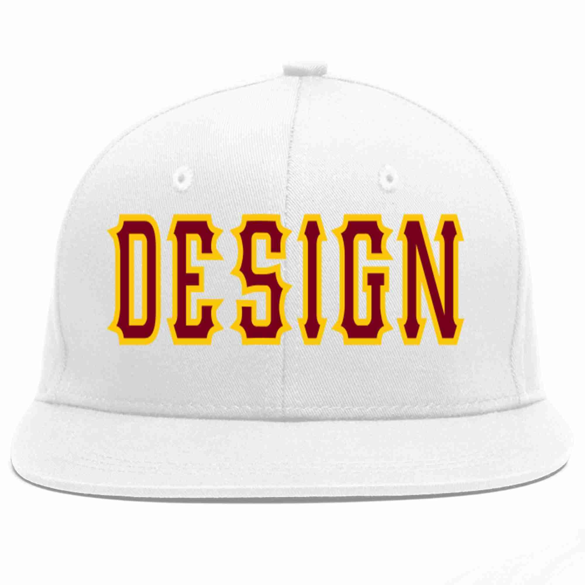 Custom White Crimson-Gold Flat Eaves Sport Baseball Cap Design for Men/Women/Youth