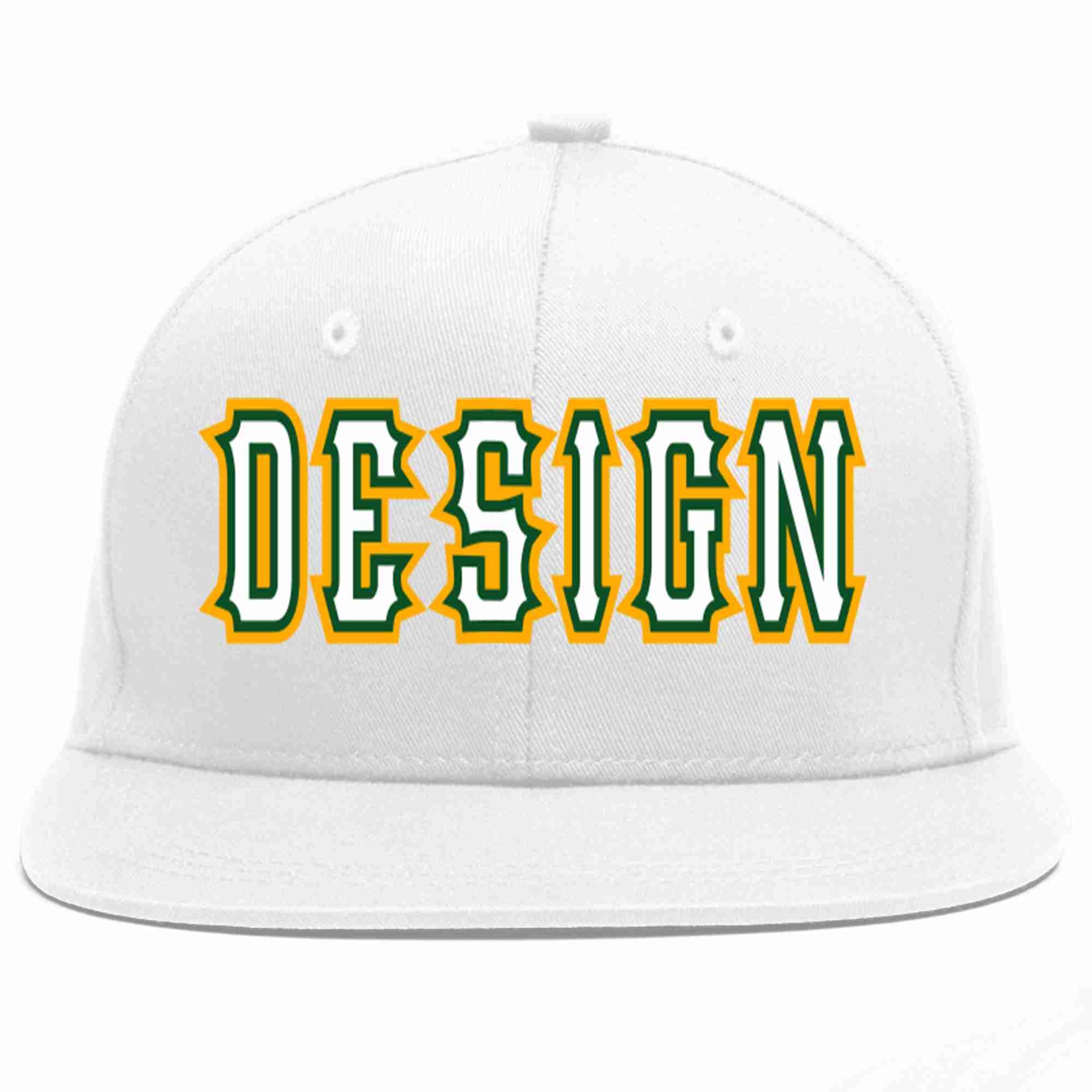 Custom White White-Kelly Green Flat Eaves Sport Baseball Cap Design for Men/Women/Youth