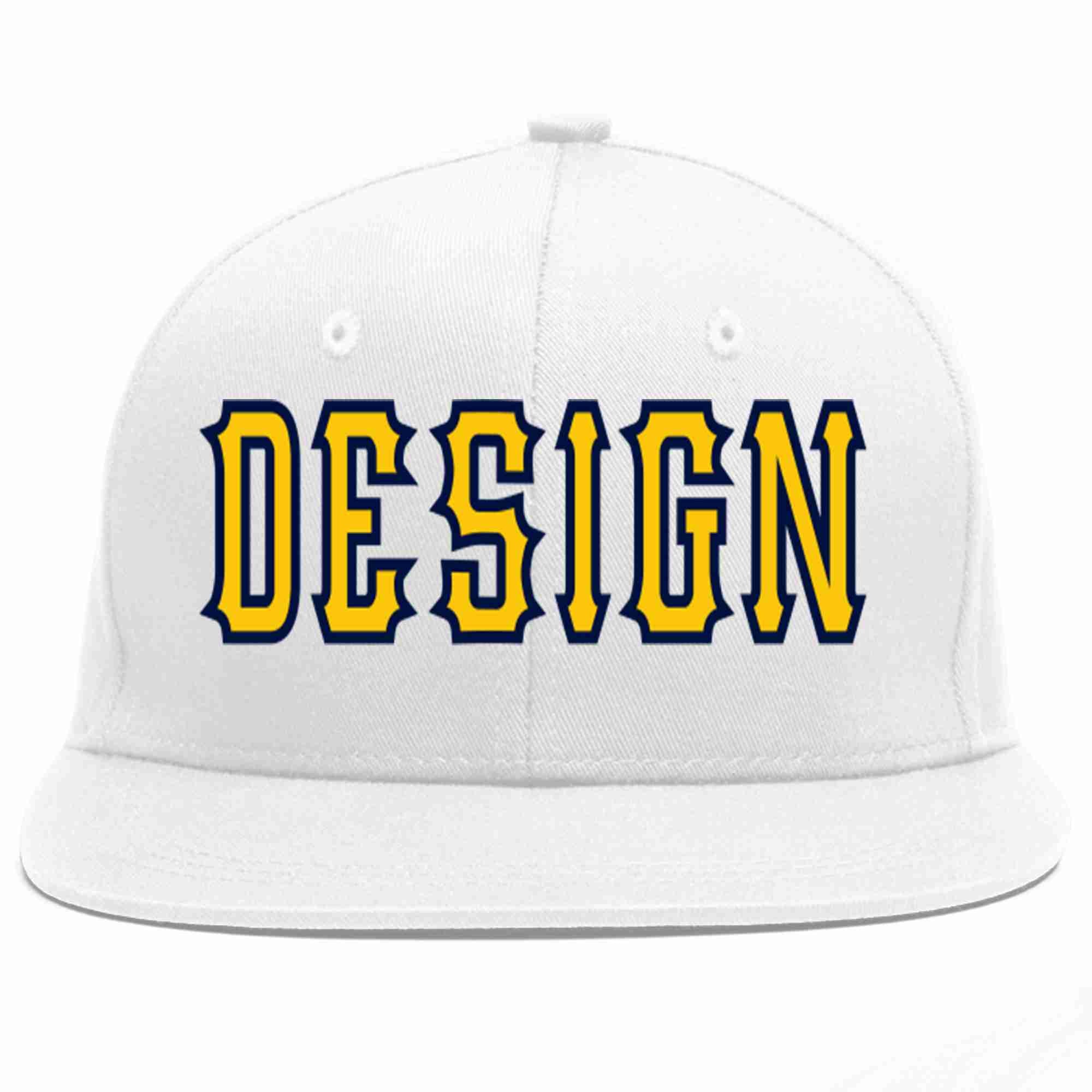 Custom White Gold-Navy Flat Eaves Sport Baseball Cap Design for Men/Women/Youth