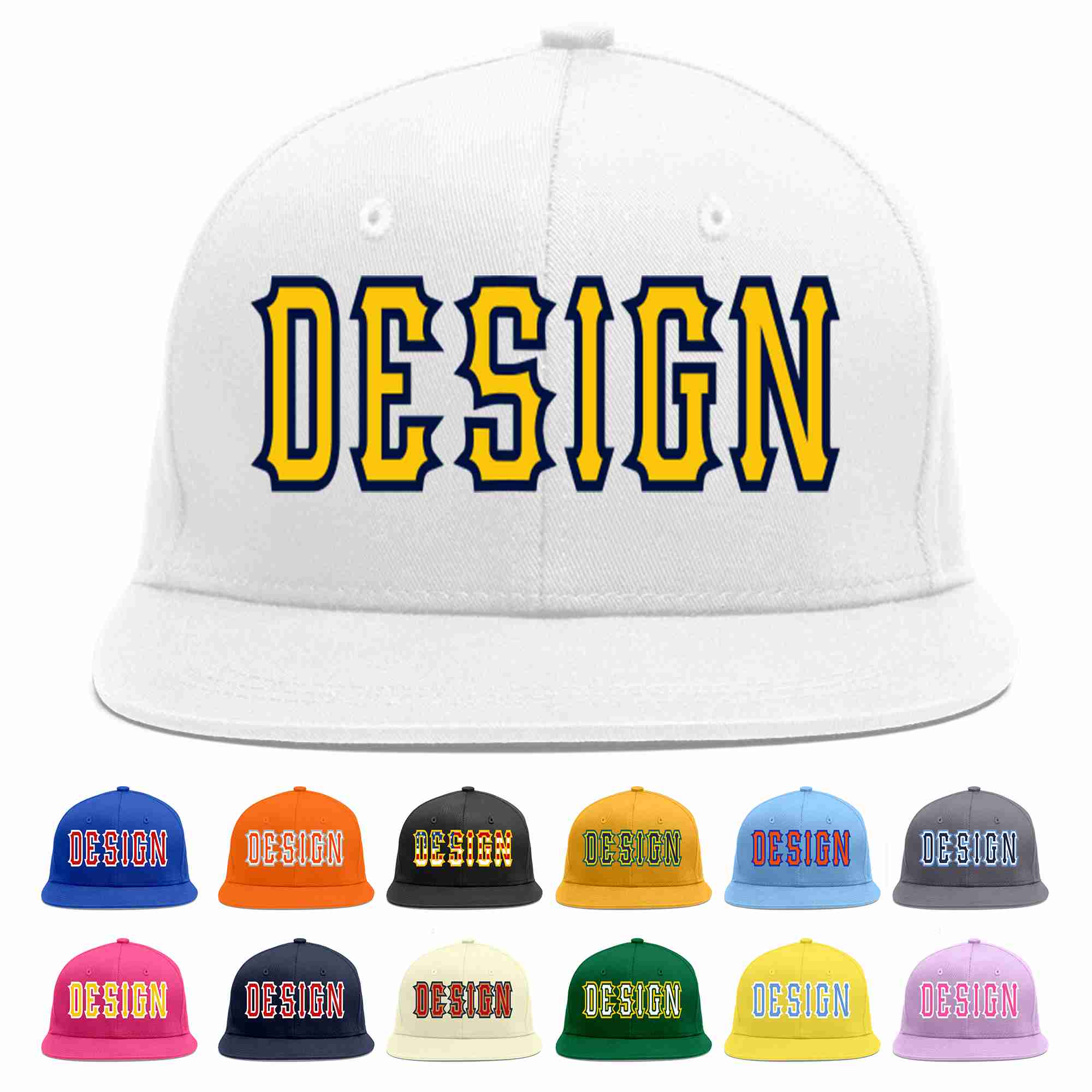 Custom White Gold-Navy Flat Eaves Sport Baseball Cap Design for Men/Women/Youth