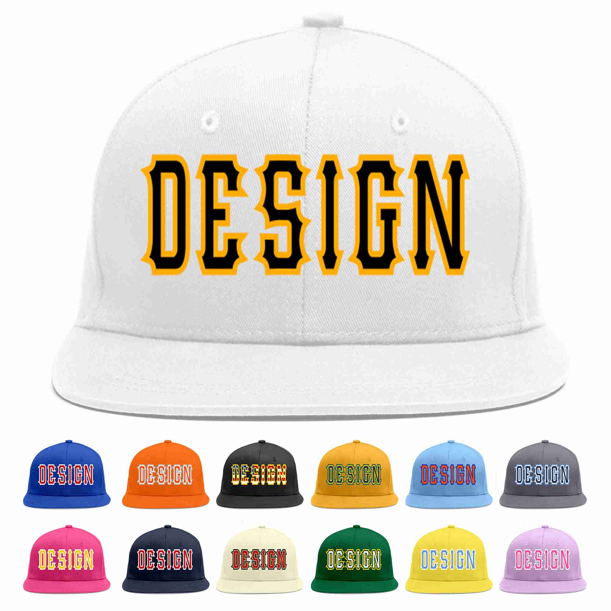 Conception personnalisée de casquette de baseball de sport à avant-toit plat blanc noir-jaune pour hommes/femmes/jeunes