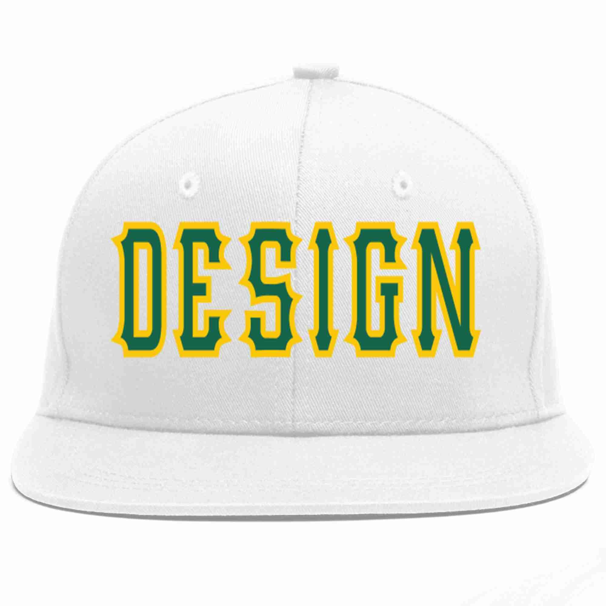 Custom White Kelly Green-Gold Flat Eaves Sport Baseball Cap Design for Men/Women/Youth