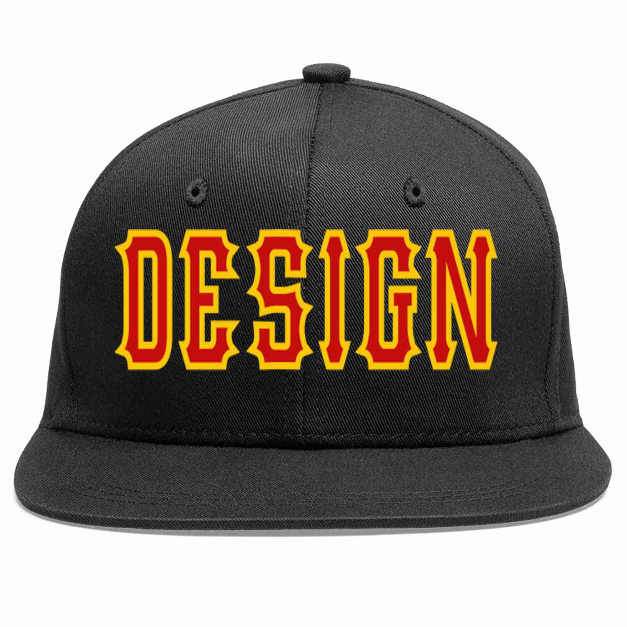 Conception personnalisée de casquette de baseball de sport à avant-toit plat noir rouge-jaune pour hommes/femmes/jeunes